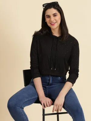 Women's Black Neck Cotton Hoodie Indoor Wear