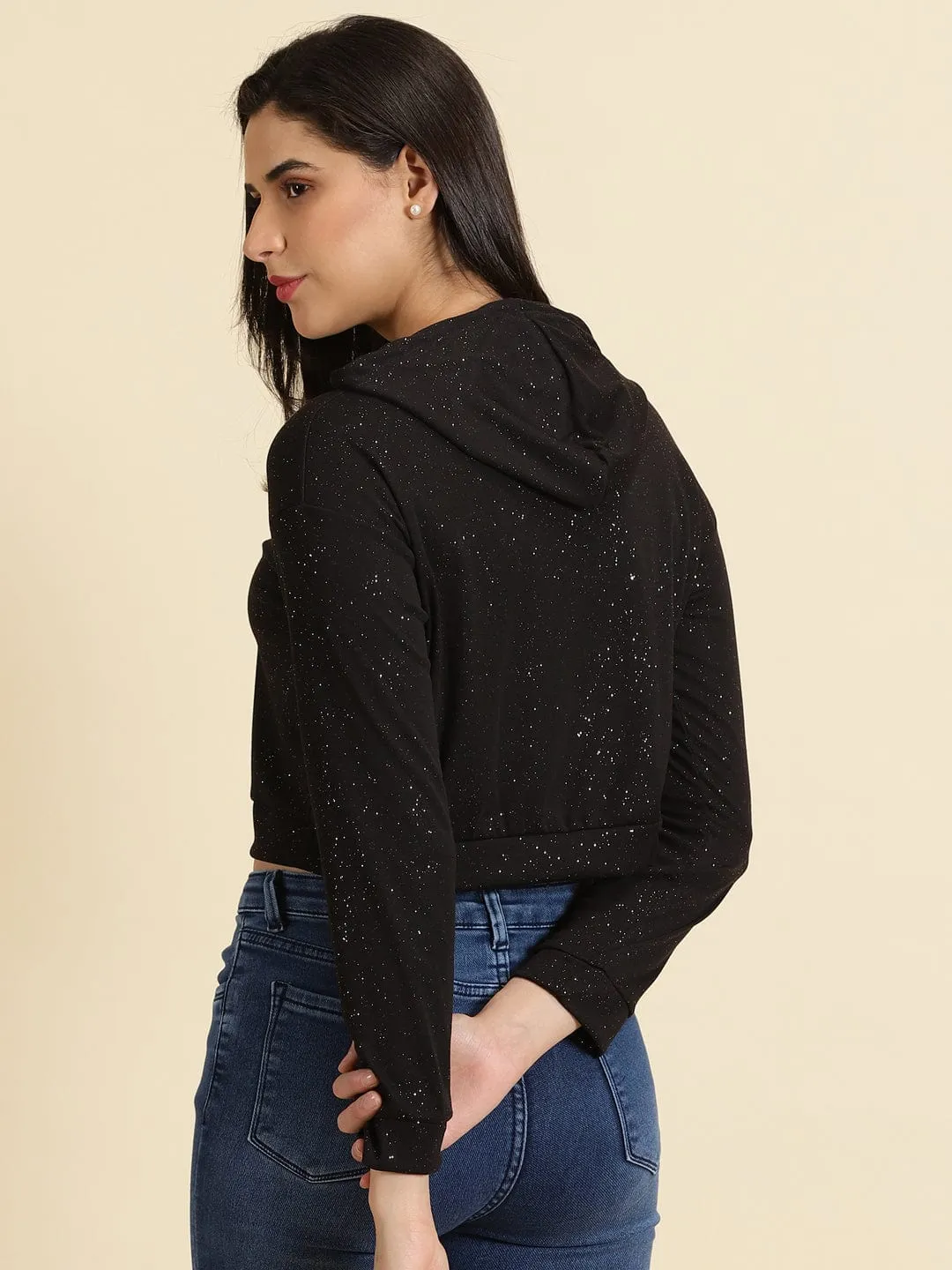 City Staple Polka Dot Women's Black Neck Cotton Hoodie