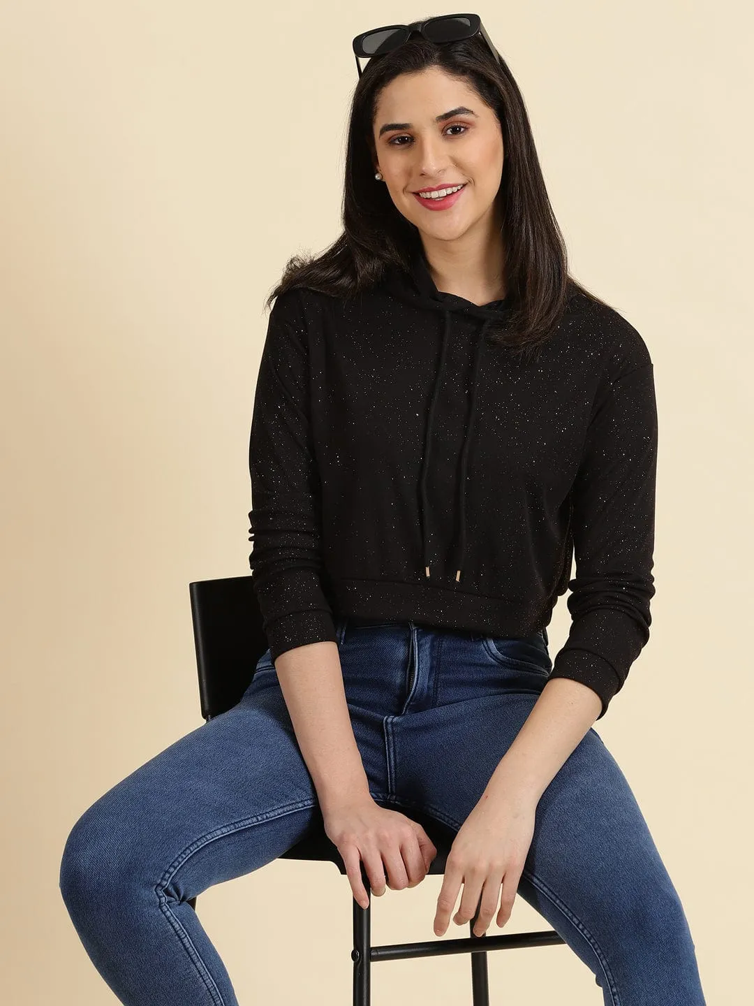 Women's Black Neck Cotton Hoodie Indoor Wear