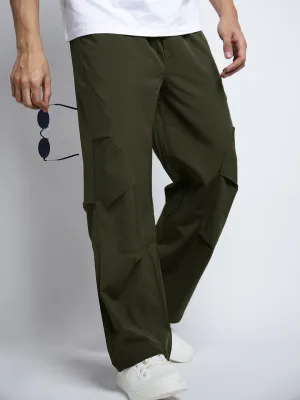 Men's Olive Loose Fit Parachute Trousers Durable Material AntiPilling