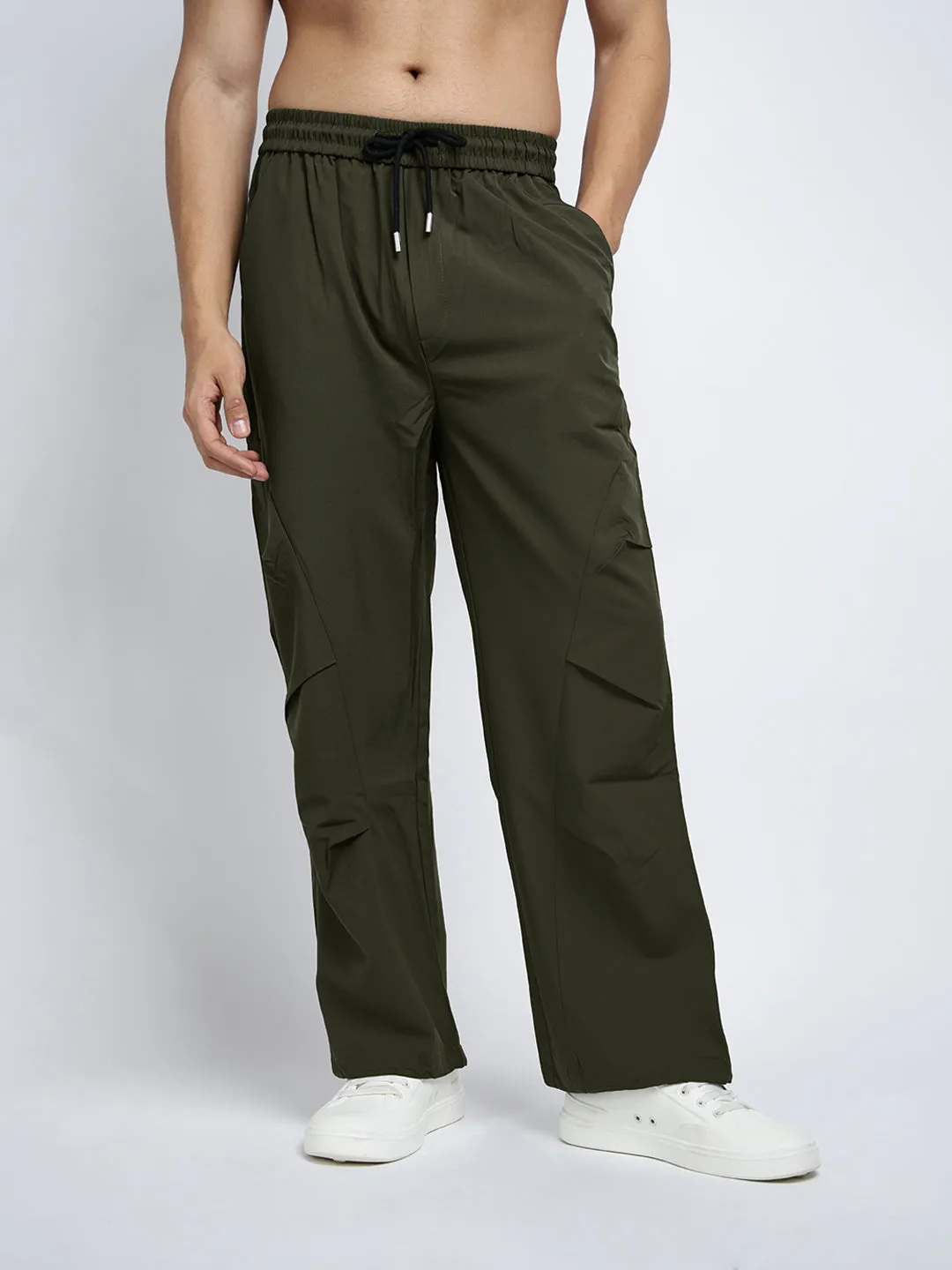 Men's Olive Loose Fit Parachute Trousers Quick Release Closure Stretch Waist