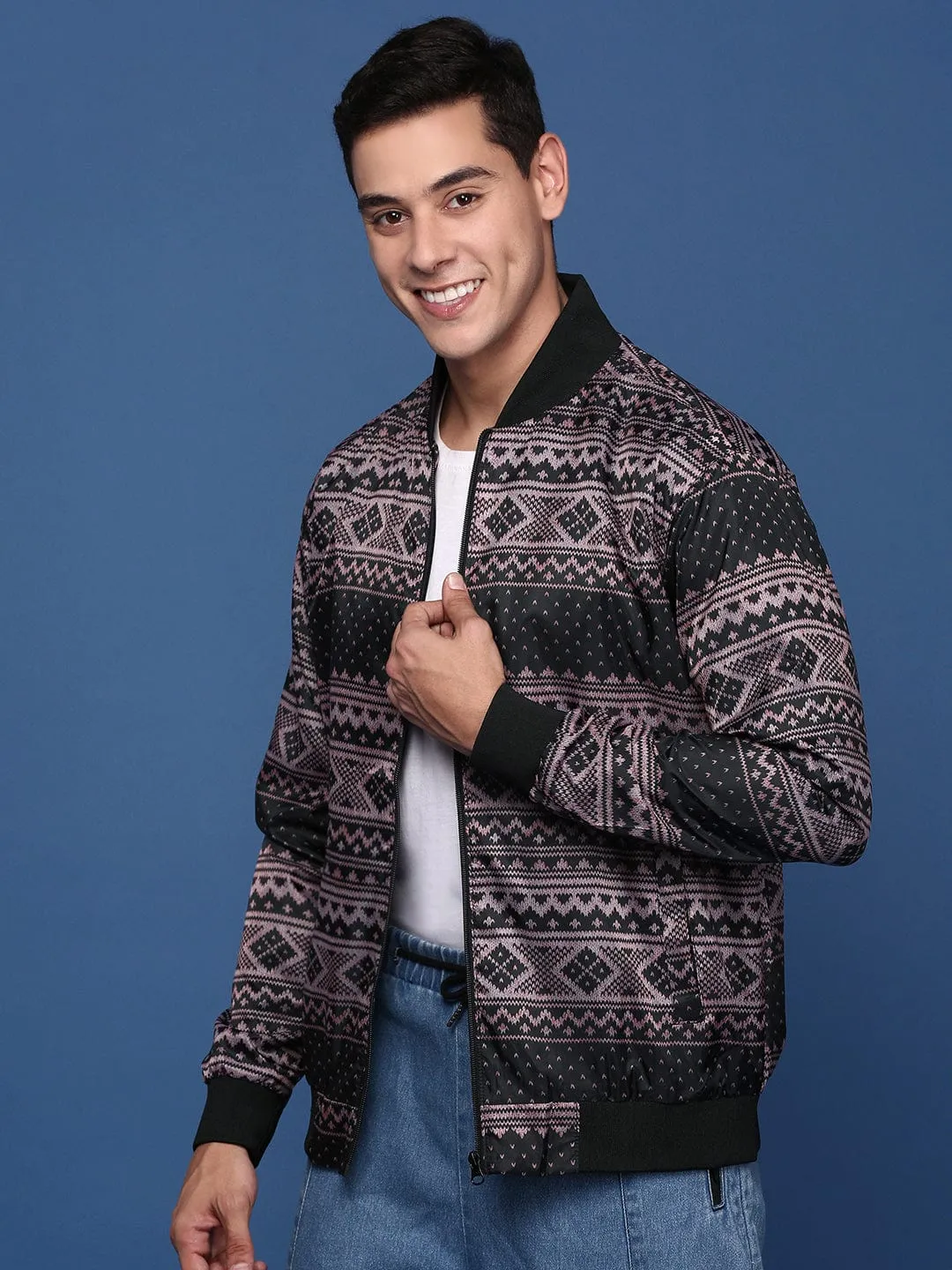 Men's Black Abstract Printed Windcheater Longline Bomber Jacket Non Bulky Insulation Tech