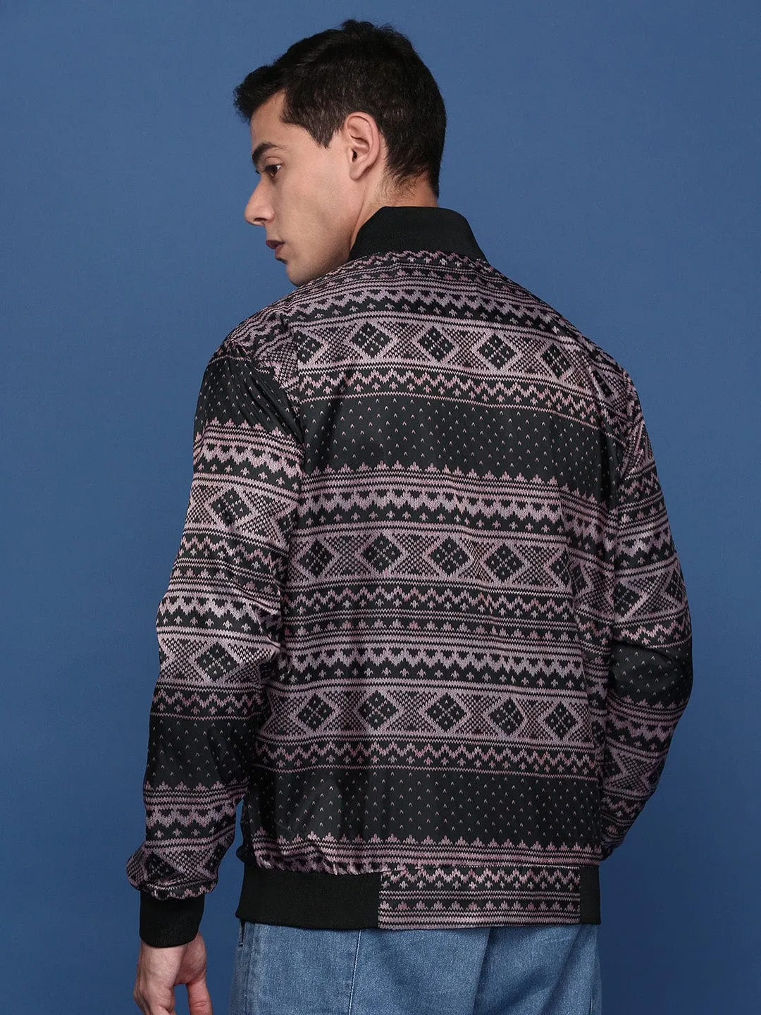 Men's Black Abstract Printed Windcheater Longline Bomber Jacket Multi Pocket Layout