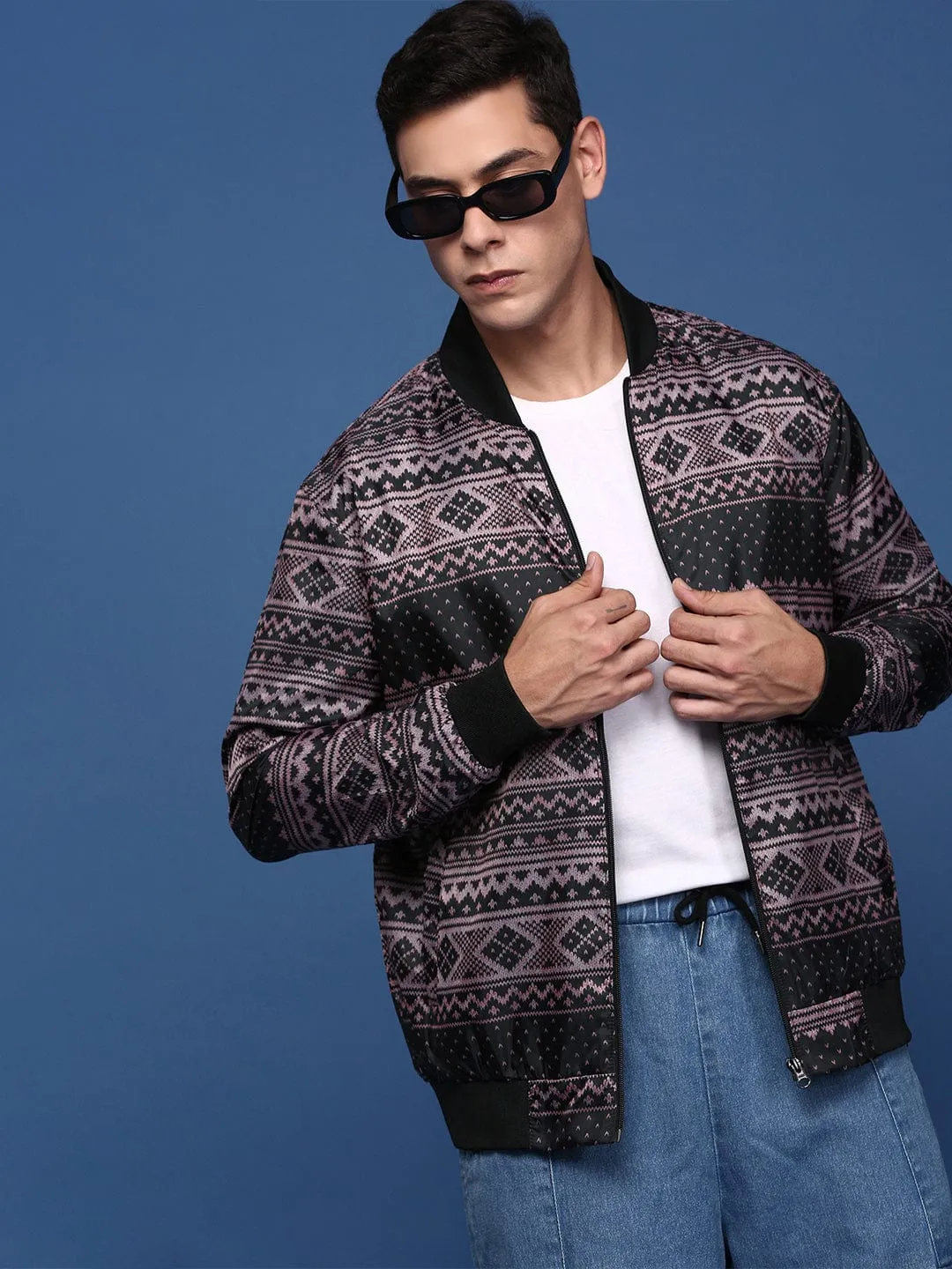 Hydrophobic Treatment Light Activated Cooling Men's Black Abstract Printed Windcheater Longline Bomber Jacket