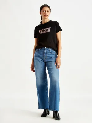 Women's Blue Wide Leg Fit High Rise Jeans Holiday Vibes Stretch