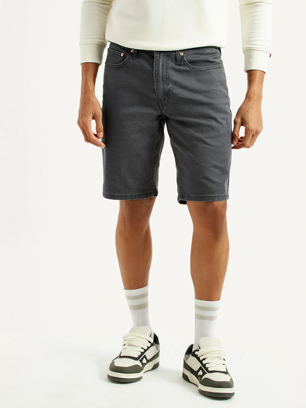 Laser Cut Edges Men's Grey Tapered Mid Rise Shorts