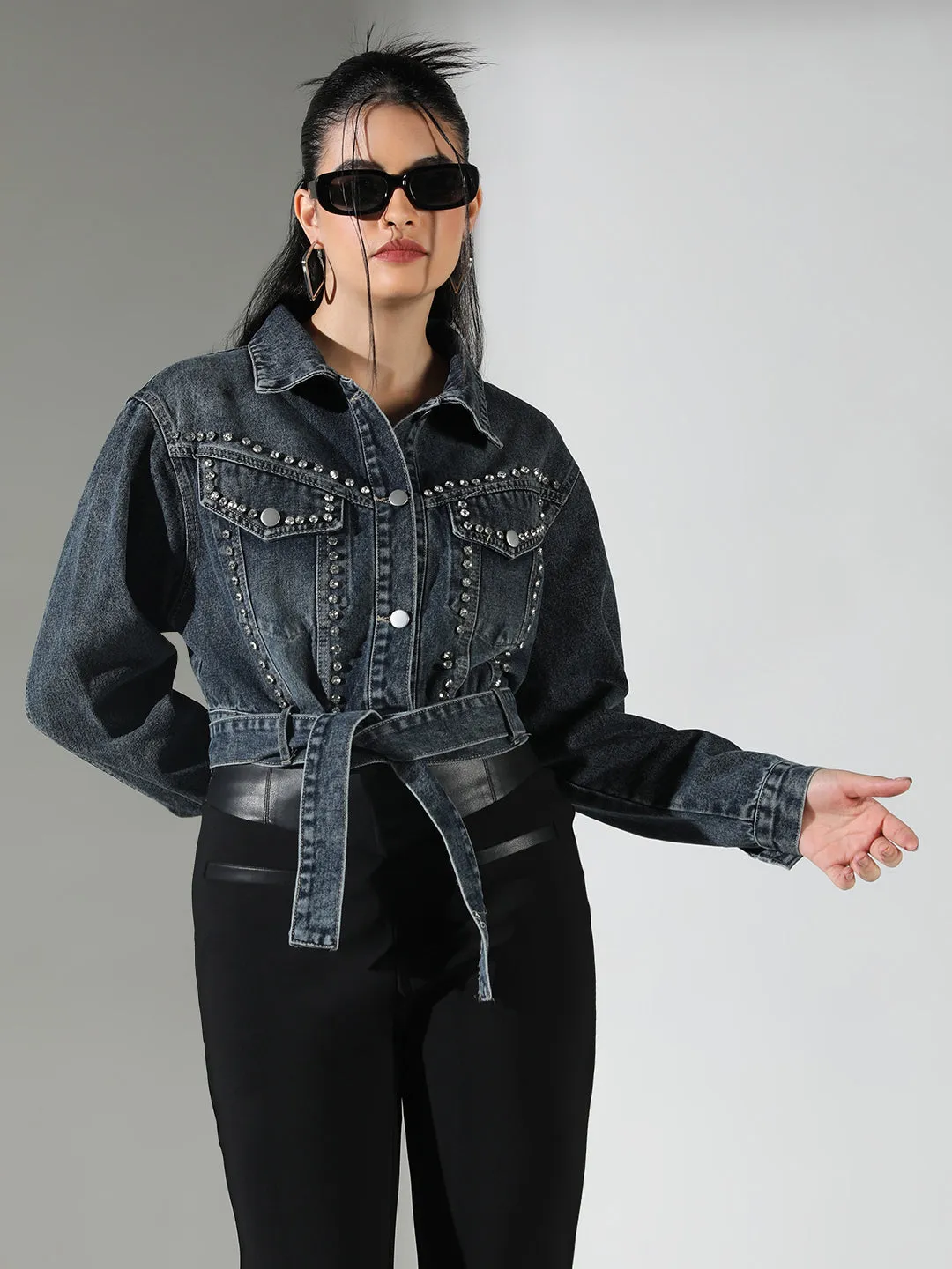 fall season Ripstop Technology Women's Embellished Navy Blue Crop Denim Jacket with Studs
