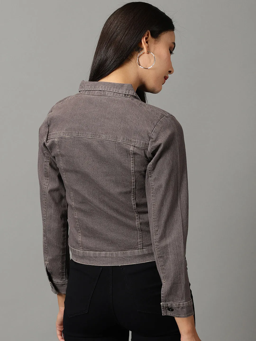 Women's Grey Spread Collar Crop Denim Jacket Recycled Material Construction