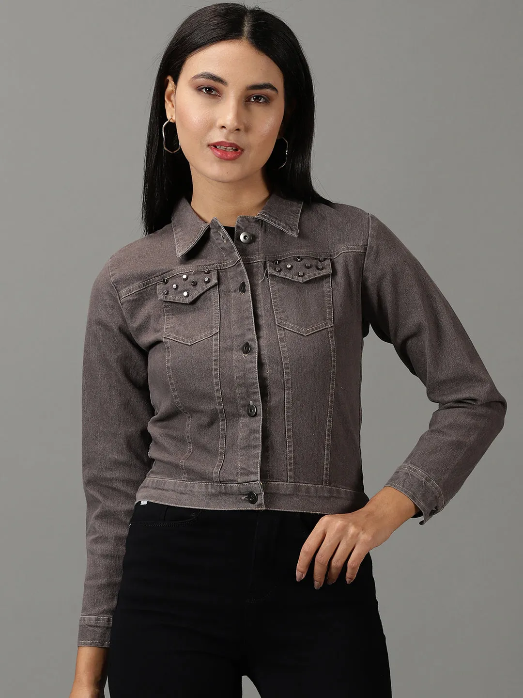 NoiseFreeFabric Women's Grey Spread Collar Crop Denim Jacket