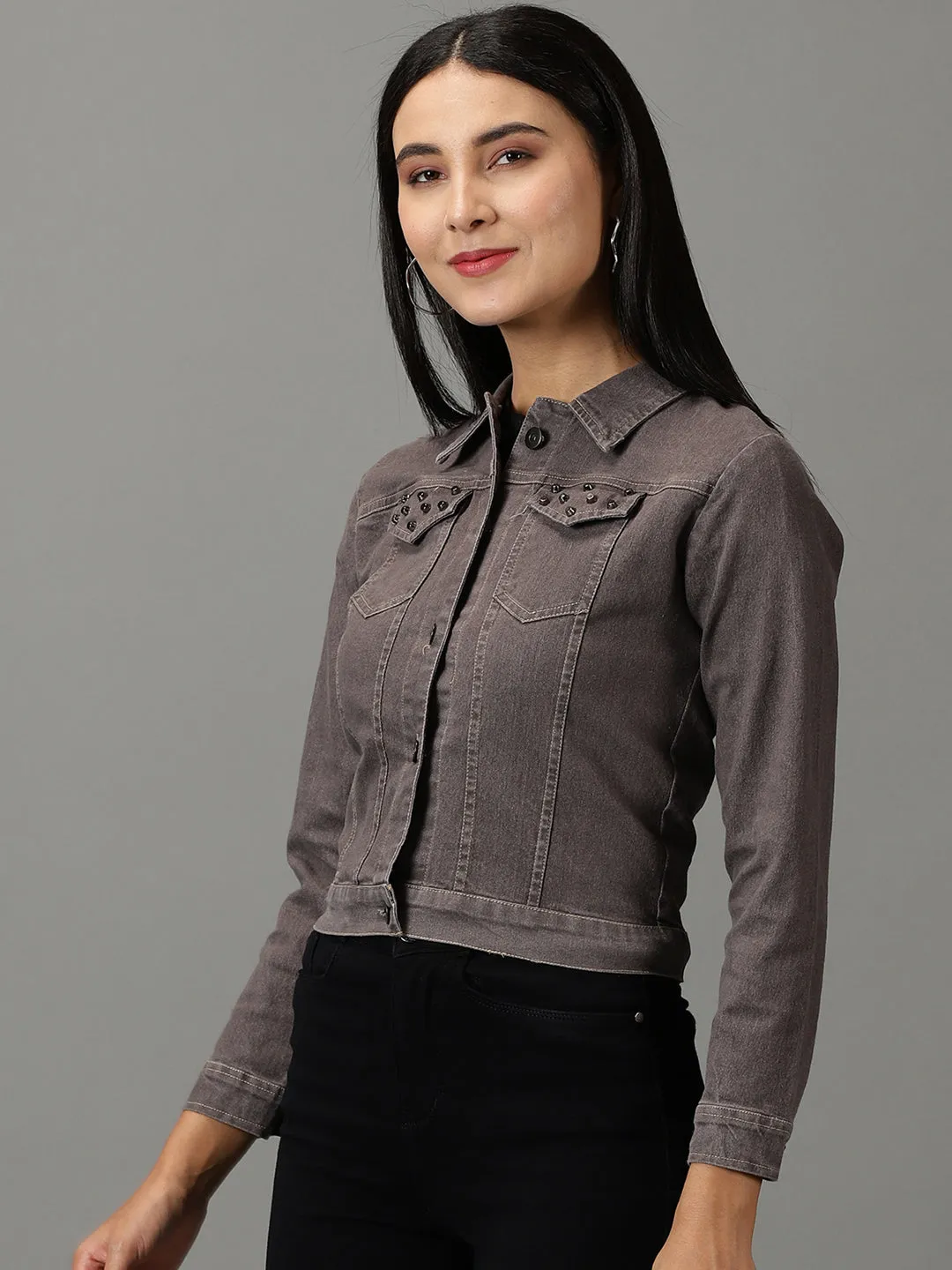 Stylish Outer Layer Women's Grey Spread Collar Crop Denim Jacket