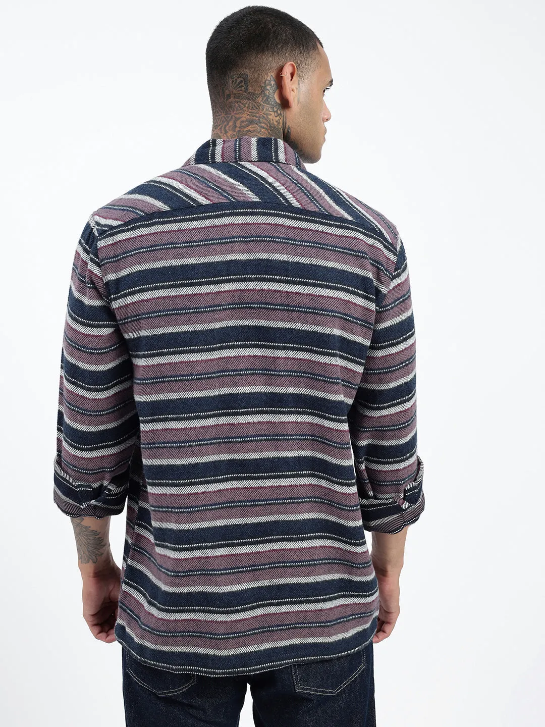 Organic Cotton Men's Striped Navy Blue Casual Shacket