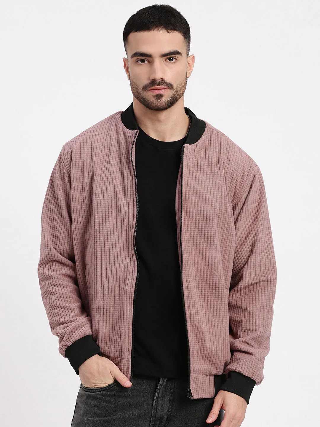Men's Mauve Solid Bomber Jacket Everyday apparel Smart Casual