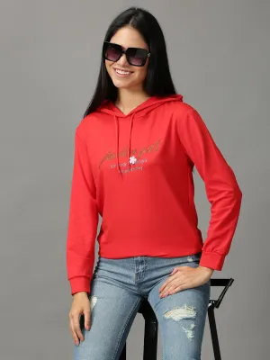 Women's Red Typography embellished Hooded Pullover Sweatshirt Convenient