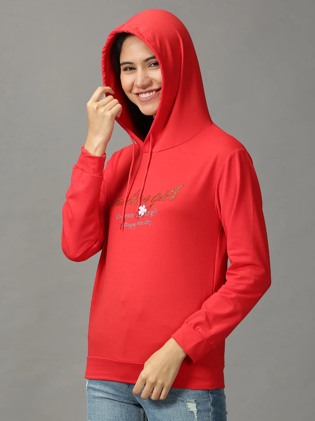 Women's Red Typography embellished Hooded Pullover Sweatshirt Warm Clothing Versatile Top