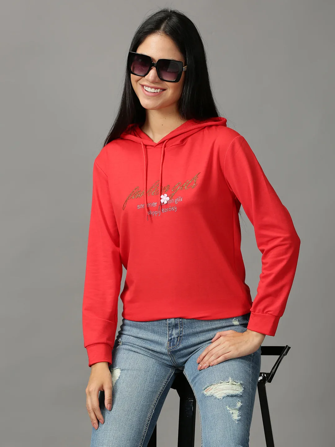 Women's Red Typography embellished Hooded Pullover Sweatshirt Convenient