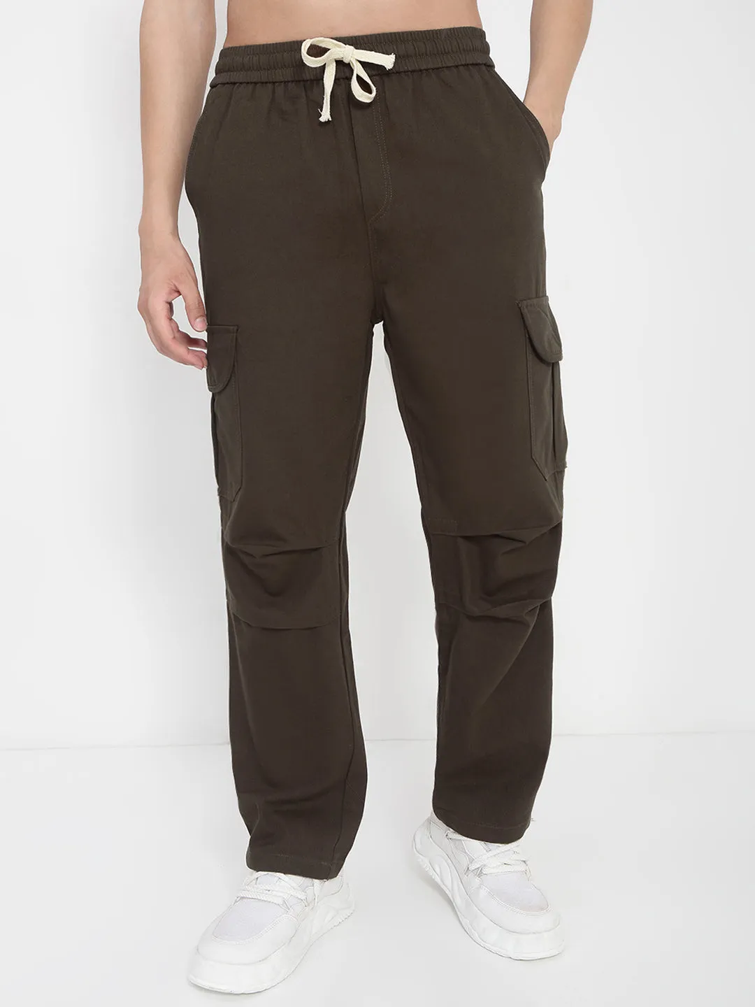 Slim Silhouette Men's Cotton Olive Straight Fit Cargo Trousers