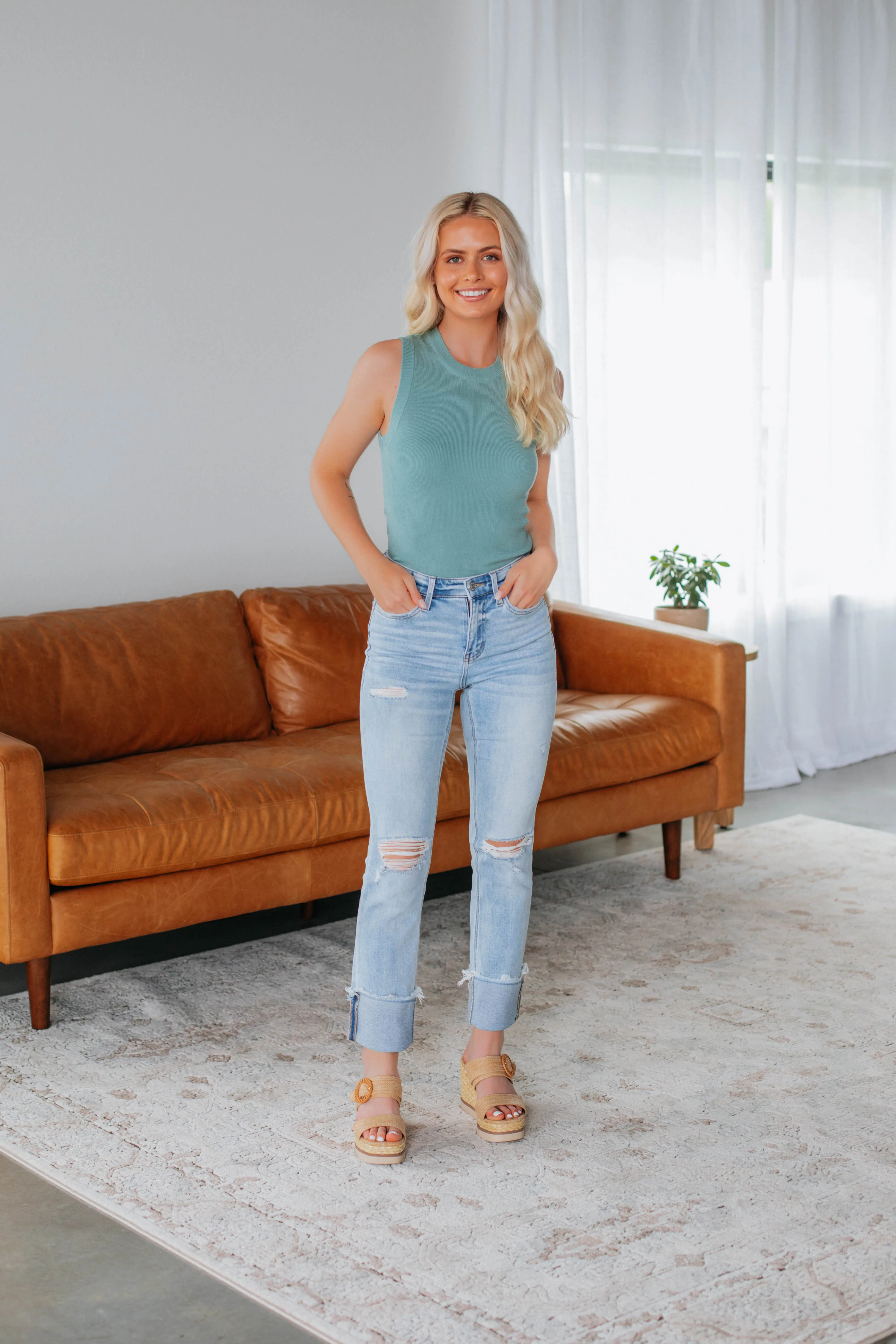 Adrianna Knit Tank - Jade Durable Weave