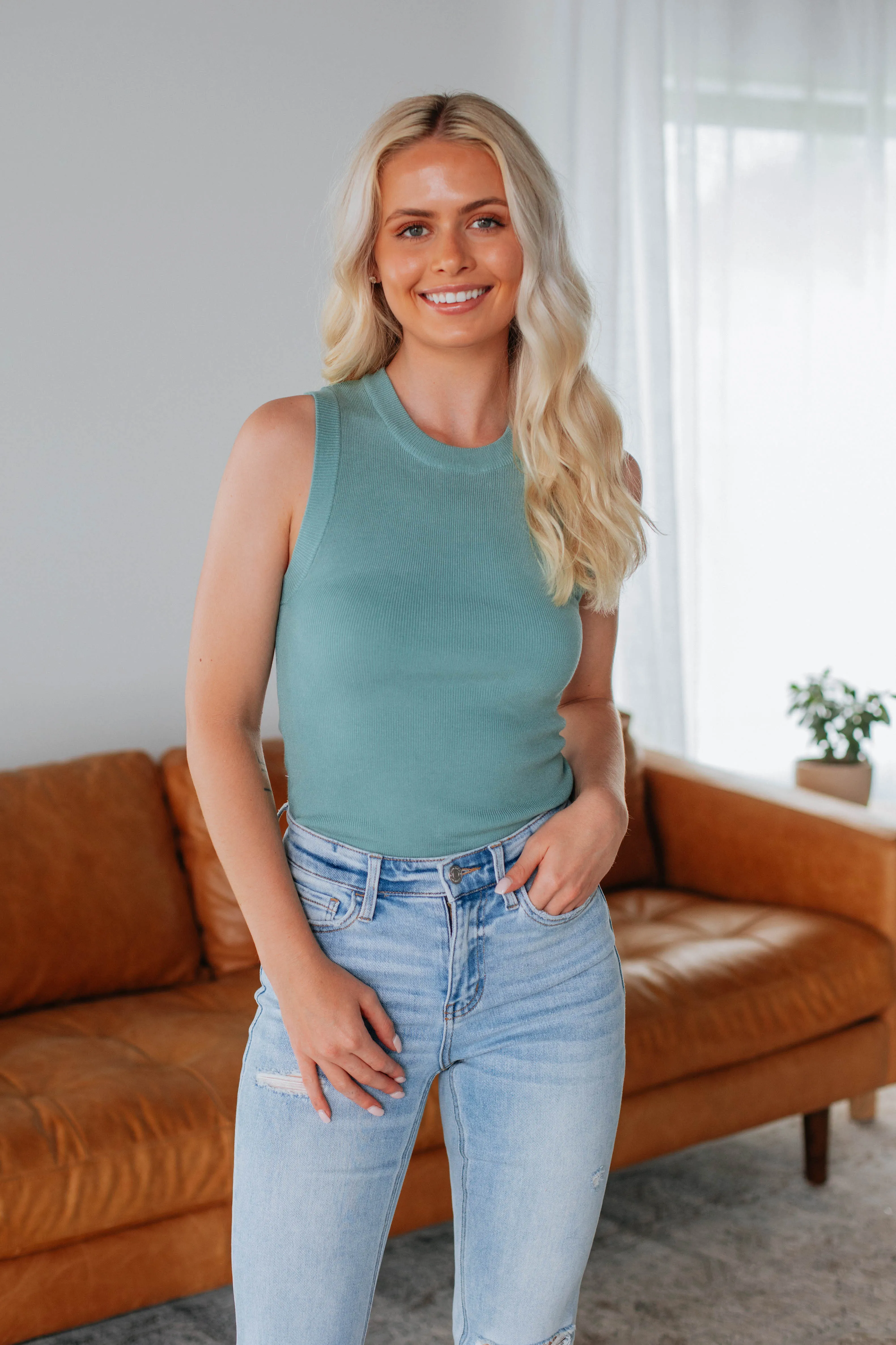 Basic Style Stretch Ribbing Adrianna Knit Tank - Jade