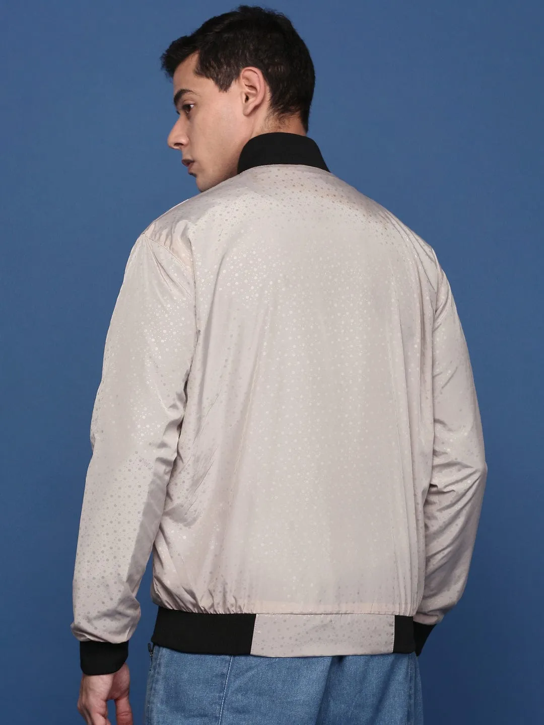 ErgonomicCut Modern City Outfit Men's Printed Cream Bomber Jacket