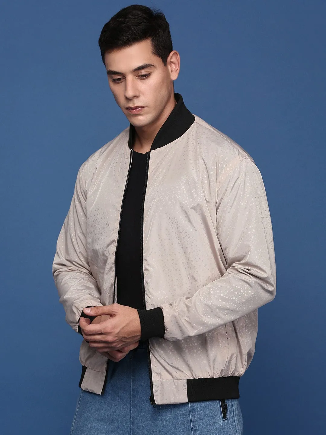 Classic Fit Cut Men's Printed Cream Bomber Jacket