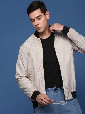 Men's Printed Cream Bomber Jacket Quilted Stitching Zippered Pockets