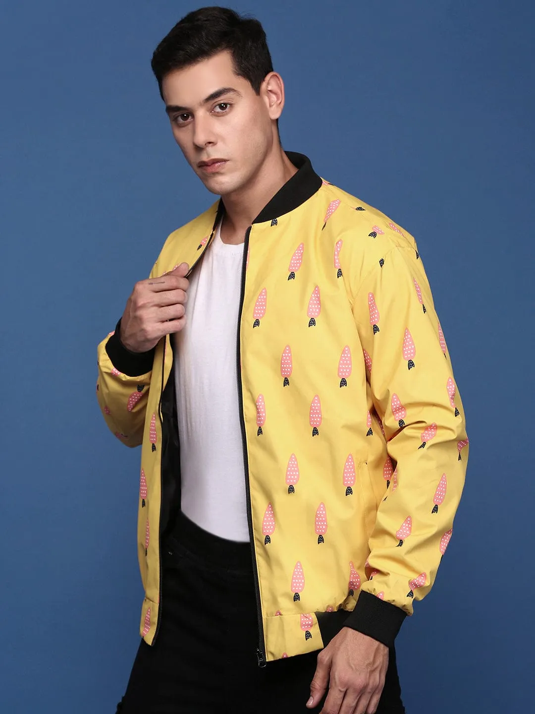 Men's Printed Mustard Bomber Jacket Anti Static Inner Layer AbrasionResistantSurface
