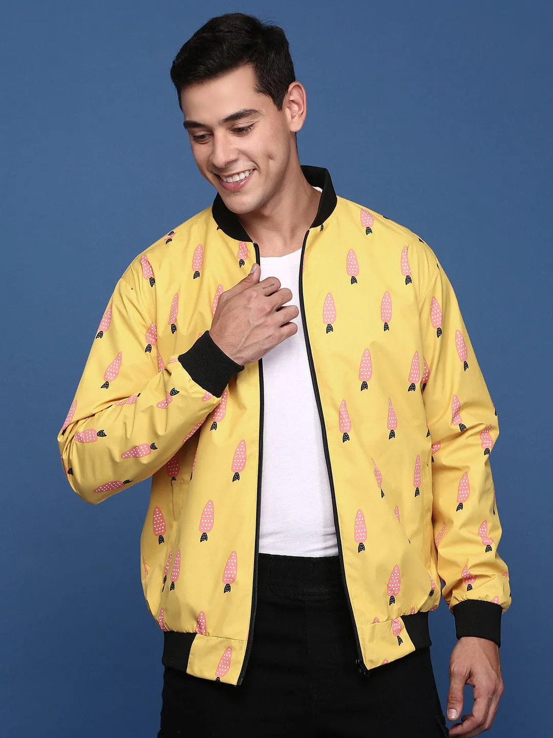 Men's Printed Mustard Bomber Jacket Sleek Layers