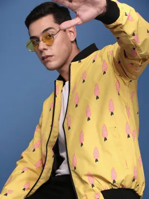 Men's Printed Mustard Bomber Jacket Multi Pocket