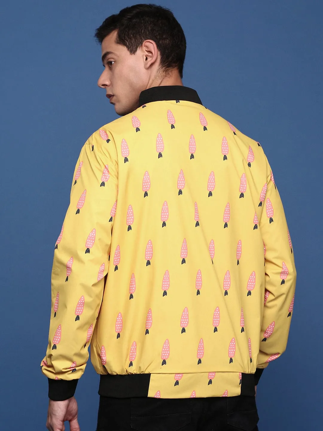 Men's Printed Mustard Bomber Jacket Double Layered Hood Anti Snag Fabric
