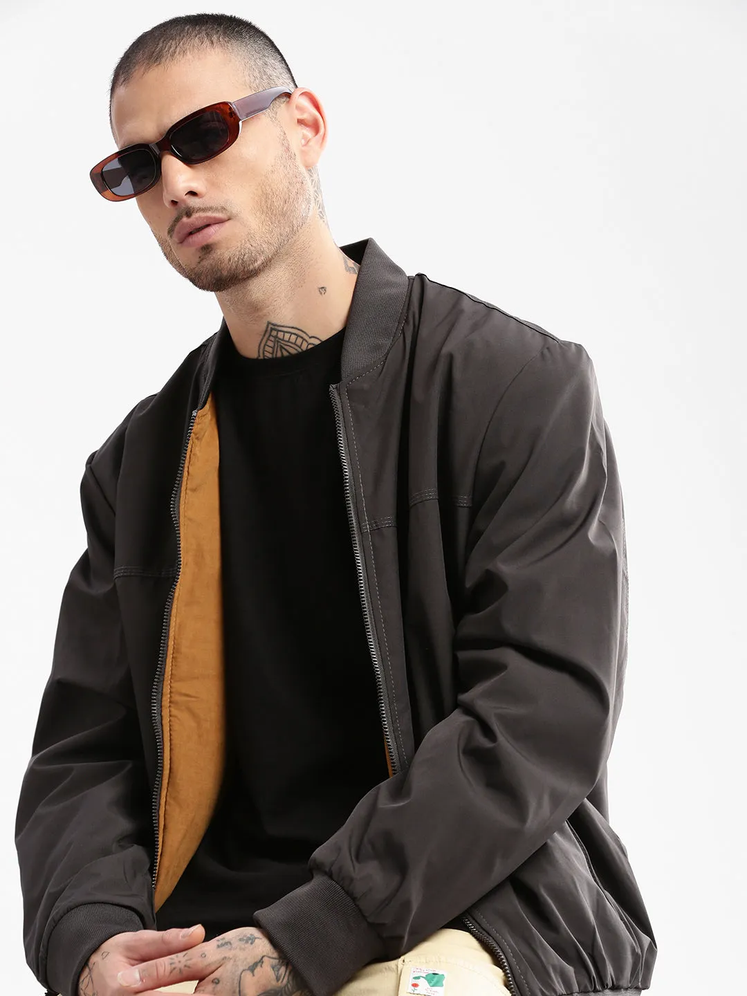 Layer Essential Piece Mark Style Men's Mandarin Collar Grey Solid Bomber Over sized Reversible Jacket