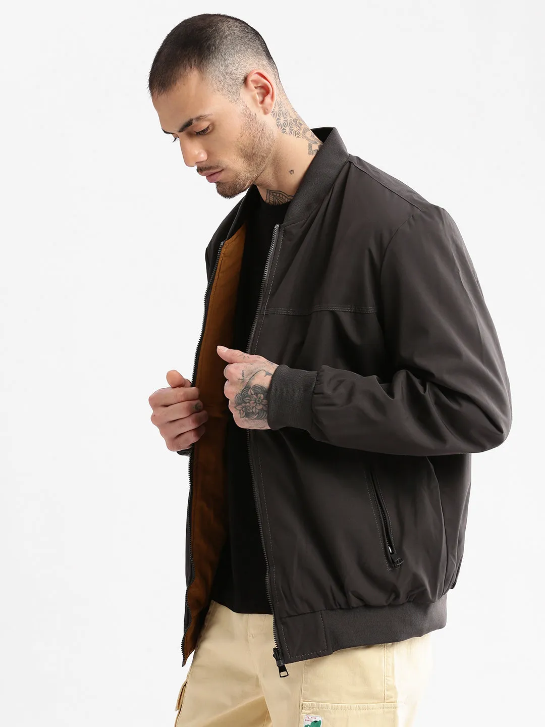 Men's Mandarin Collar Grey Solid Bomber Over sized Reversible Jacket Magnetic Closure Options Functional Fit