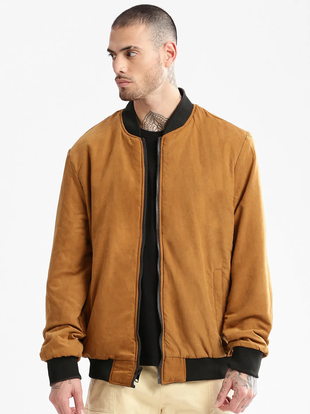 RubberizedTrim Ergonomic Sleeve Shaping Men's Mandarin Collar Grey Solid Bomber Over sized Reversible Jacket