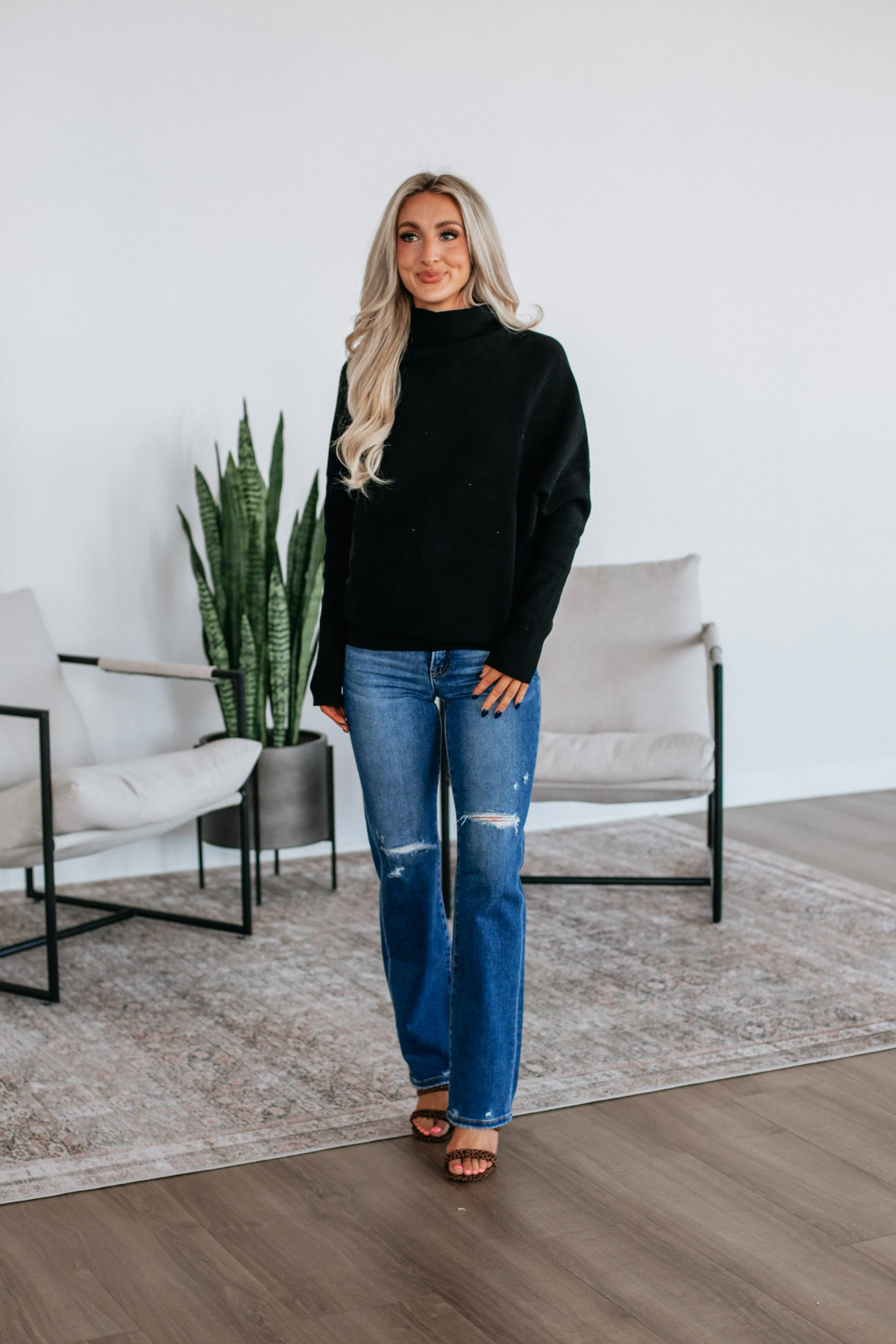 Chunky Cable Knit NonRestrictive Cut Gretchen Dolman Sweater - Black