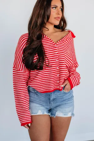 Versatile Layered Classic Warmth Zoelle Striped Cardigan - Red Mix