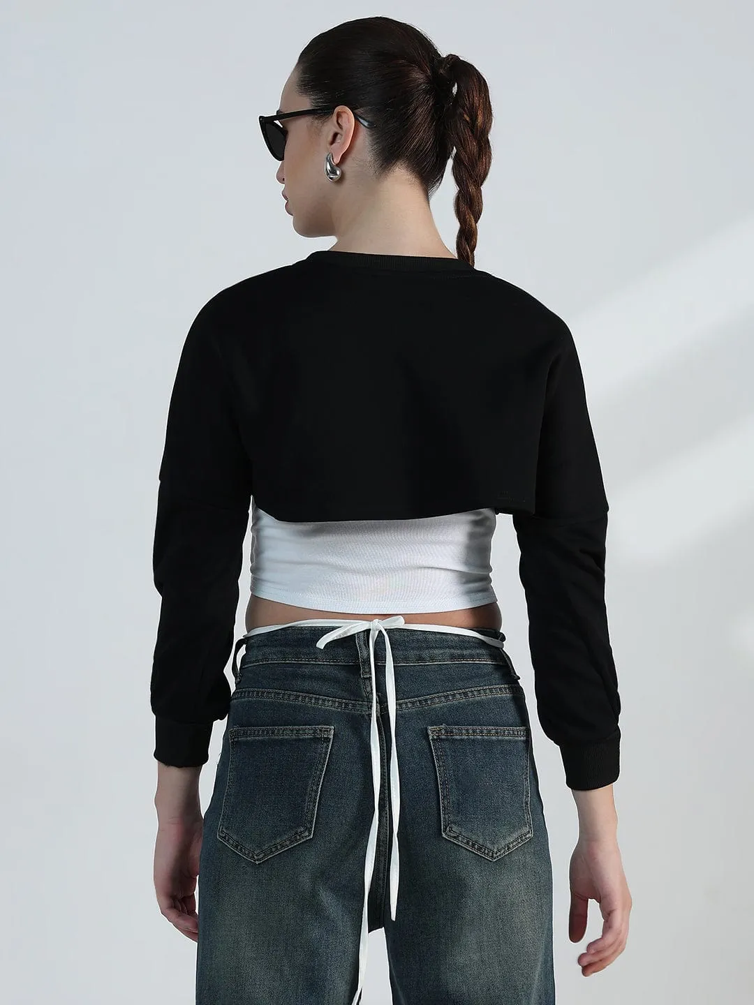 Women's Graphic Black Crop Sweatshirt with Wrap Detail Layering Piece