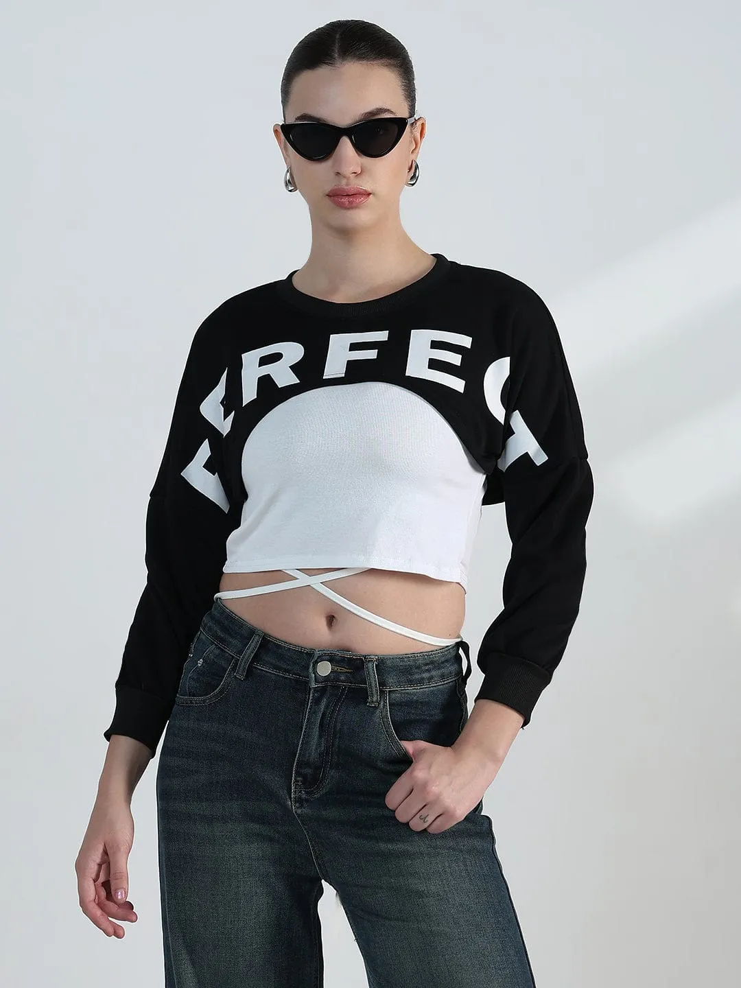 Women's Graphic Black Crop Sweatshirt with Wrap Detail product date night charm factor