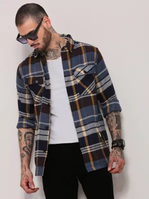 Anti Static Finish Men's Blue Checked Casual Shacket