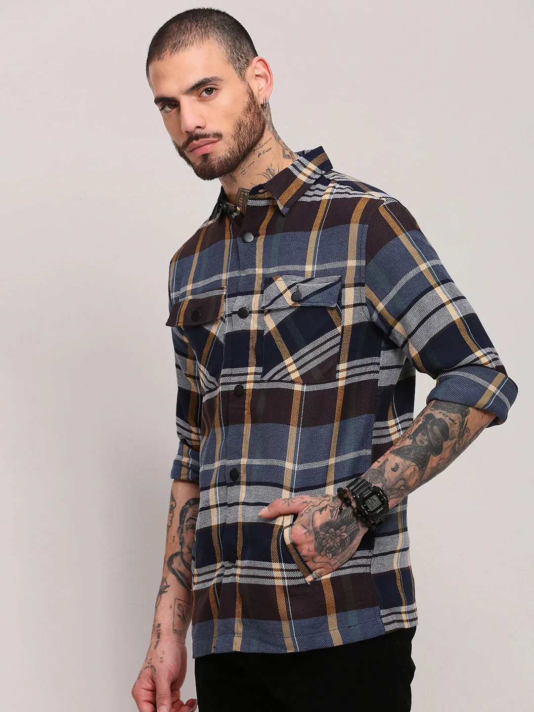 Non Shrink Material Men's Blue Checked Casual Shacket