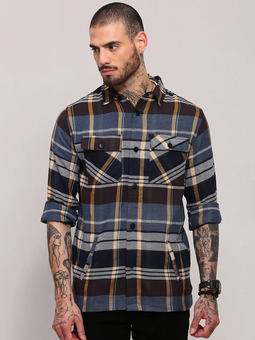 No Fade Technology Men's Blue Checked Casual Shacket