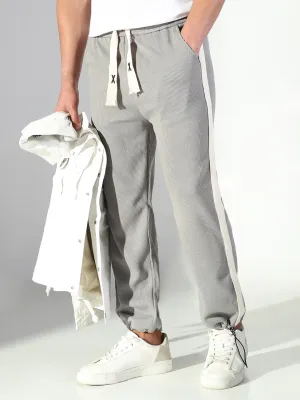 Roomy Fit Casual Flex Men's Grey Solid Trousers with Side Stripes