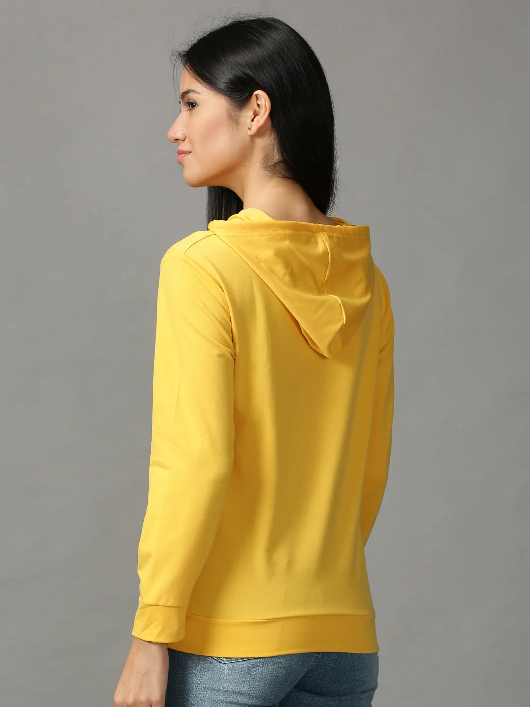 Pastel Shade Travel Friendly Women's Yellow Typography Embellished Hooded Pullover Sweatshirt