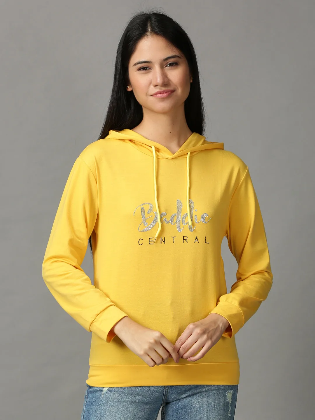 Women's Yellow Typography Embellished Hooded Pullover Sweatshirt patch accents Comfort Layer