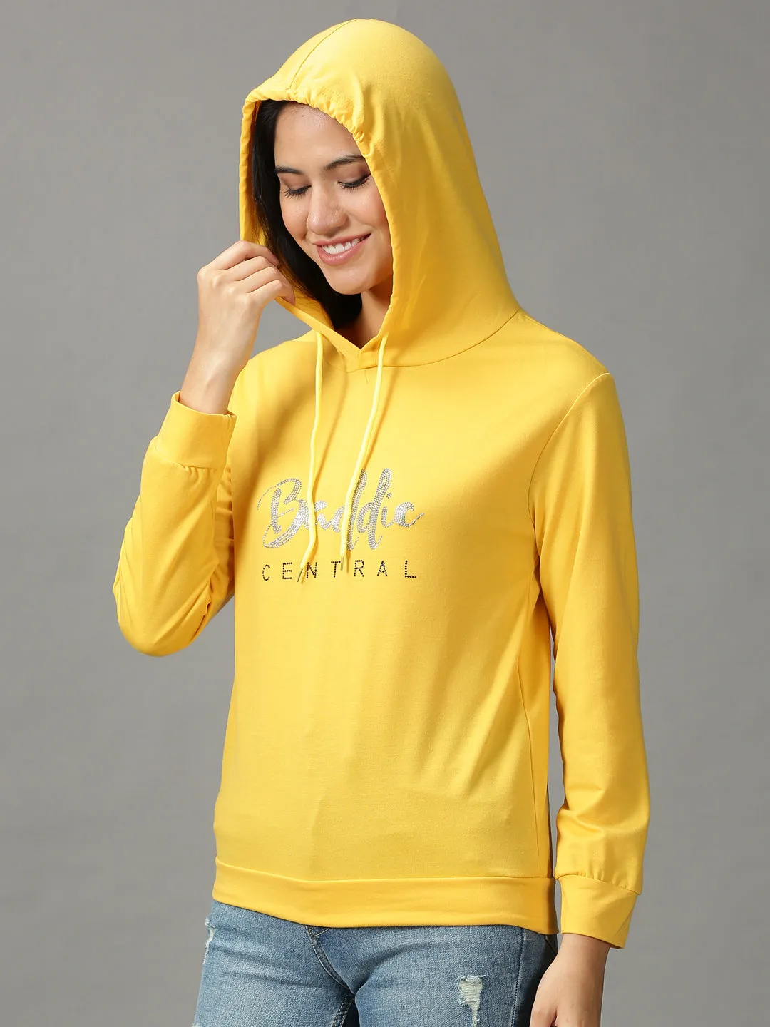 Women's Yellow Typography Embellished Hooded Pullover Sweatshirt product low end affordability Tall