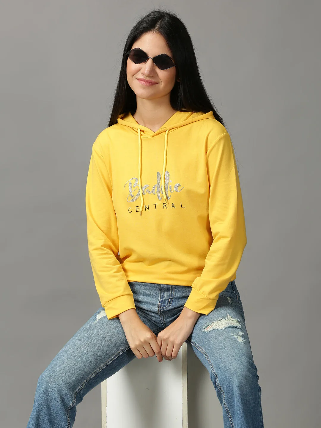 Seasonal Collection Women's Yellow Typography Embellished Hooded Pullover Sweatshirt
