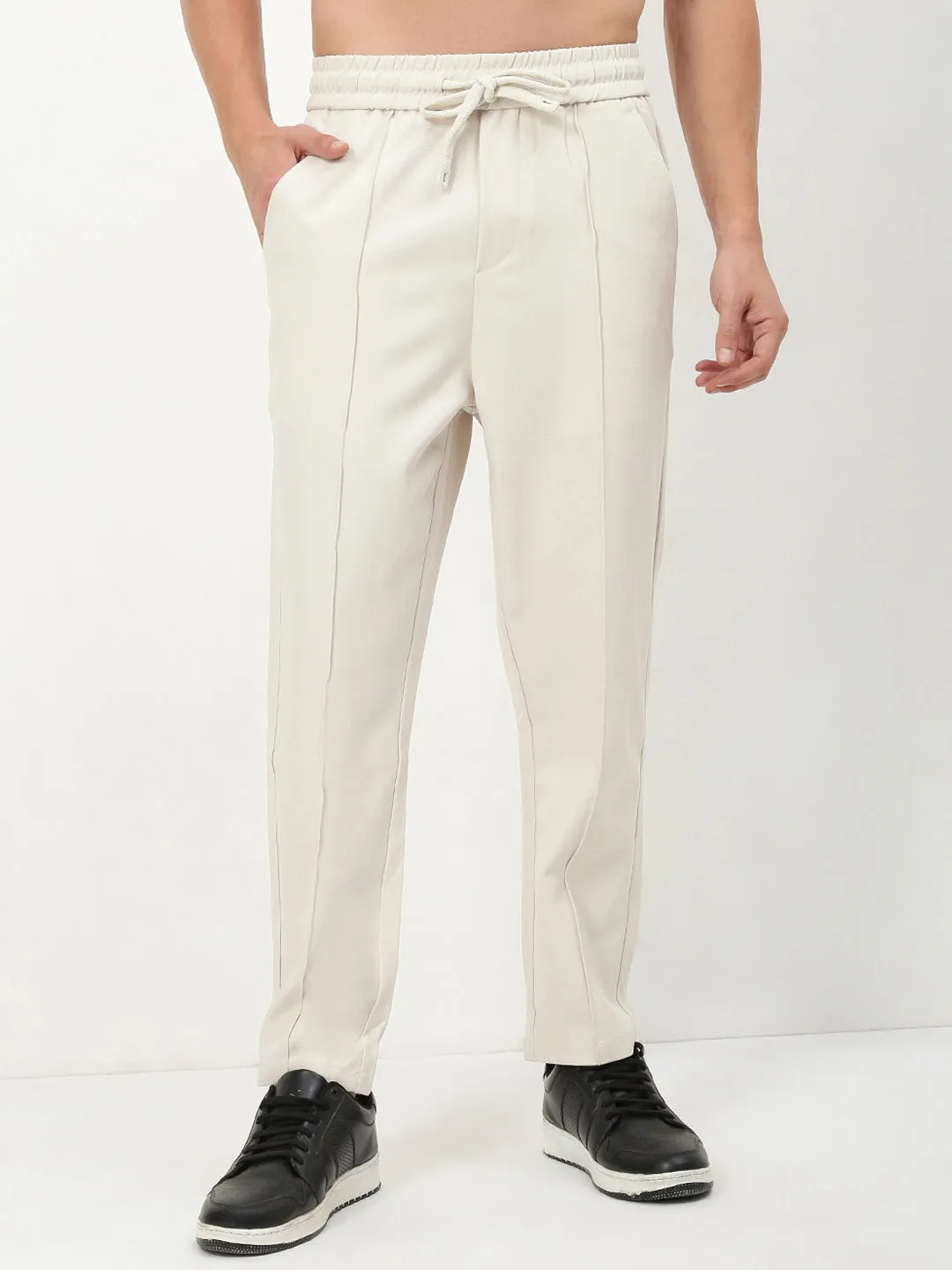 Tear Resistant Design Soft Brushed Lining Men's Cream Solid Straight Fit Trousers