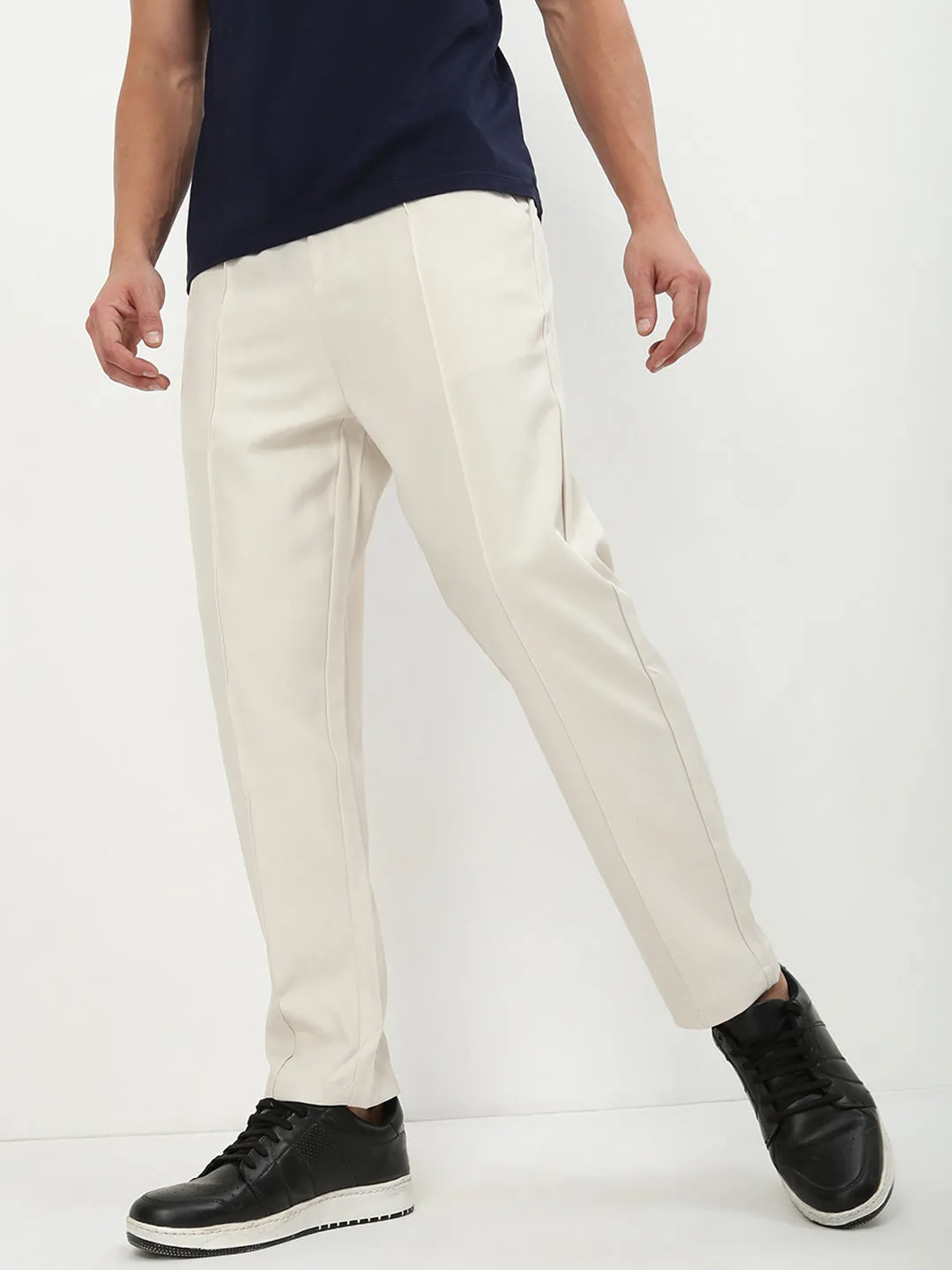 Slim Stretch Men's Cream Solid Straight Fit Trousers
