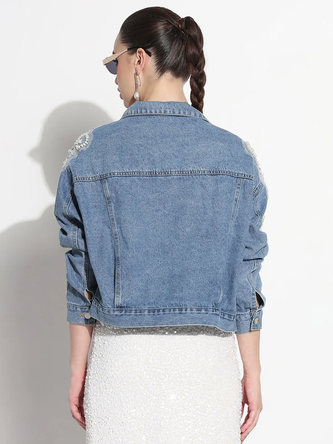 Odor control Layered Protection Women's Blue Spread Collar Relaxed Fit Denim Jacket