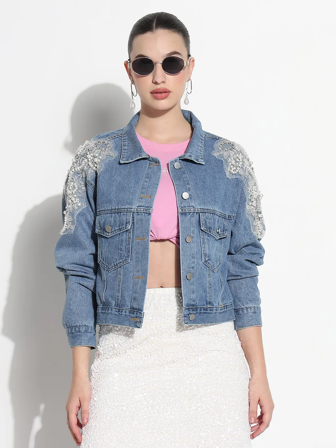 Women's Blue Spread Collar Relaxed Fit Denim Jacket MoistureWickingInterior FadeResistant Print