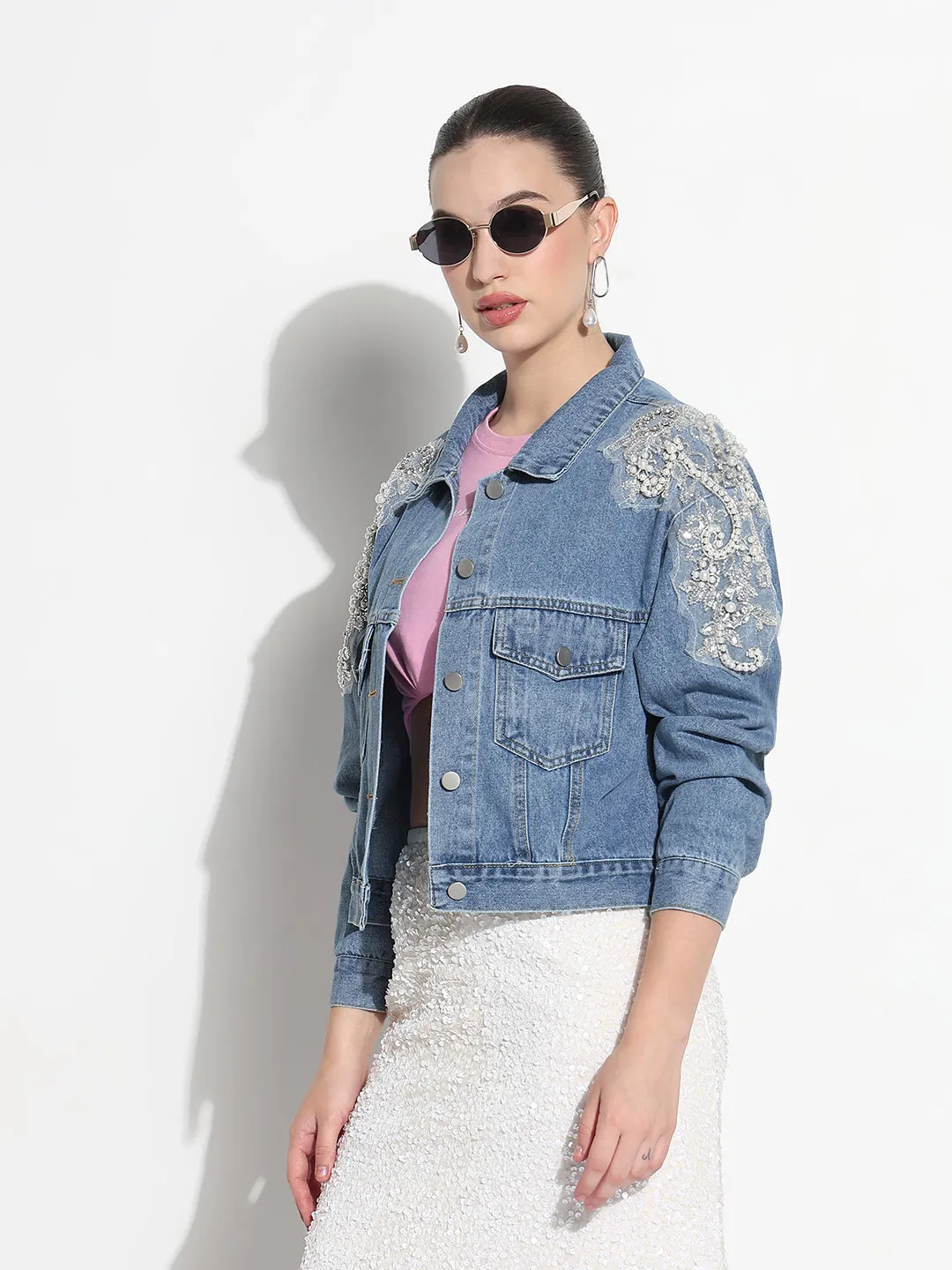 Women's Blue Spread Collar Relaxed Fit Denim Jacket Two Way Zipper EcoFriendly Water Repellency