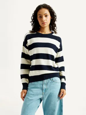 Women's Striped Navy Crew Neck Sweater Reinforced Hemline